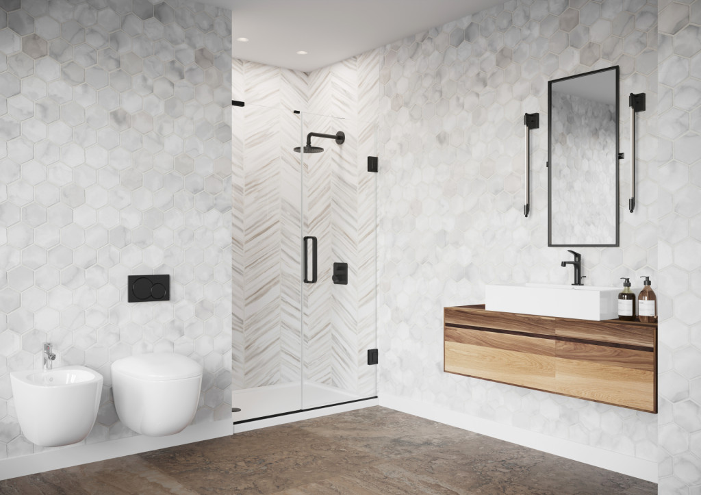 Colours Hinged Door  And  In-line Brushed Black Alcove